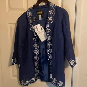 Bob Mackie Embroidered white flowers Blue Cardigan lined Jacket NWT open front